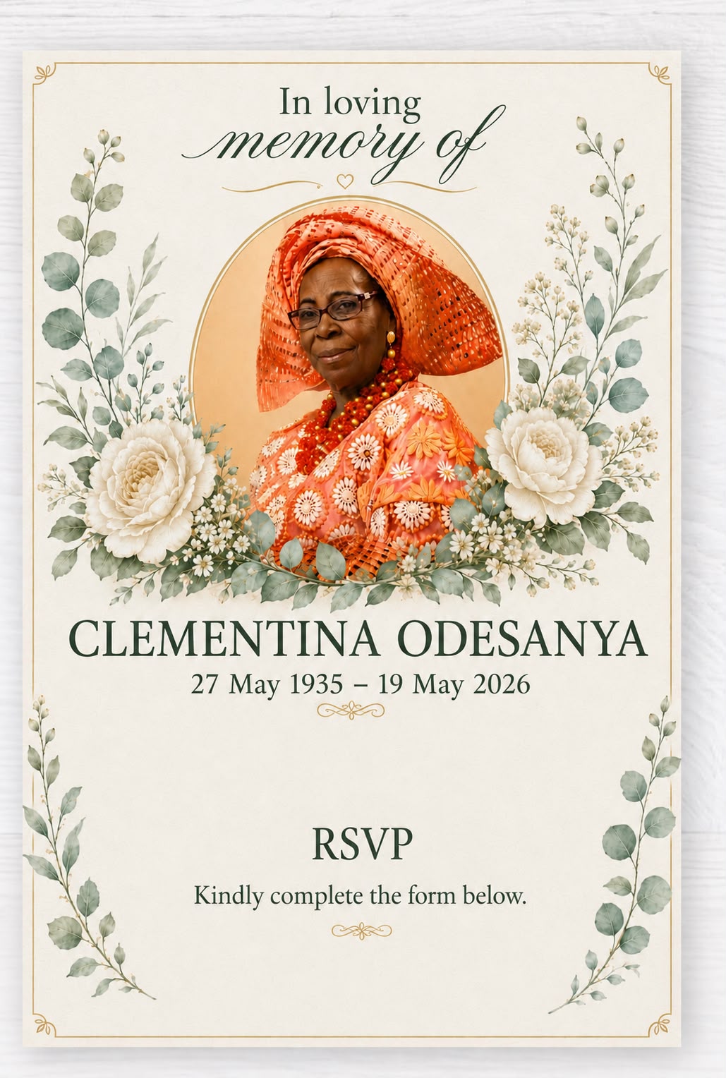 In loving memory of Mrs Clementina Modupeola Odesanya, 27 May 1935 – 19 May 2026